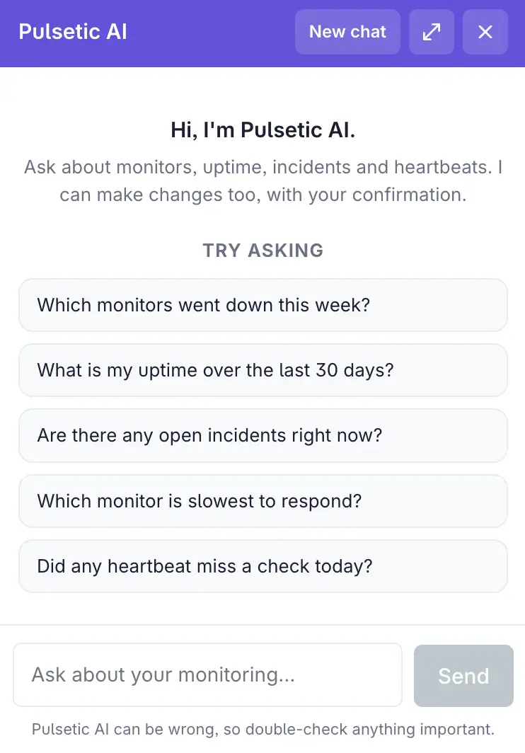 The Pulsetic AI chat panel open in the dashboard, with the greeting "Hi, I'm Pulsetic AI", five starter prompts such as "Which monitors went down this week?", and a message box.